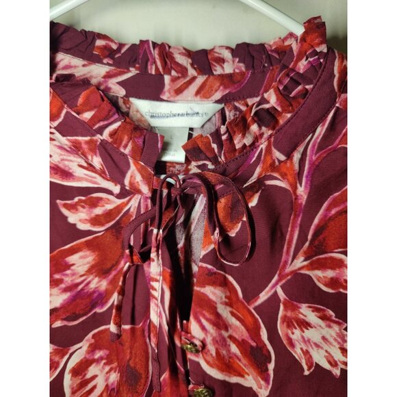 Christopher & Banks Red Floral Long Sleeve Ruffle Neck Popover Blouse Top L NWOT - Picture 5 of 10